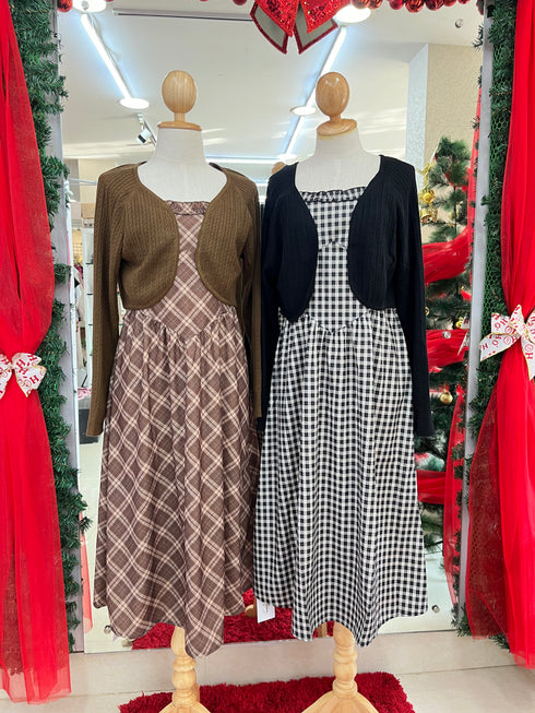 Women Gingham Checker Long Dress With Shrugs